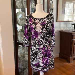 White House/Black Market Medium Black, White & Purple Floral Stretchy Mini-Dress